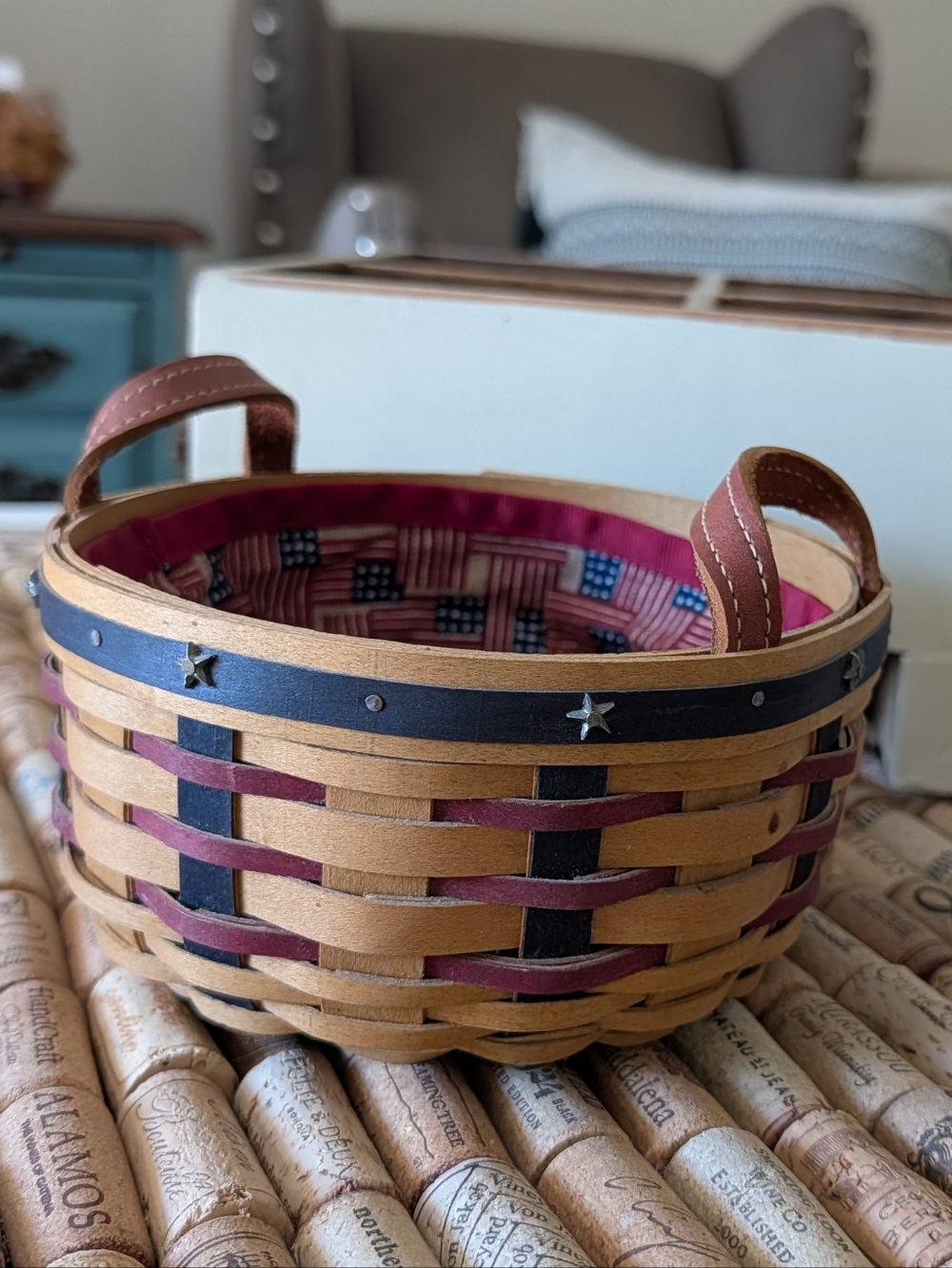 Longaberger 2003 All American Button Basket w/leather handles, metal star trim. - Picture 2 of 5